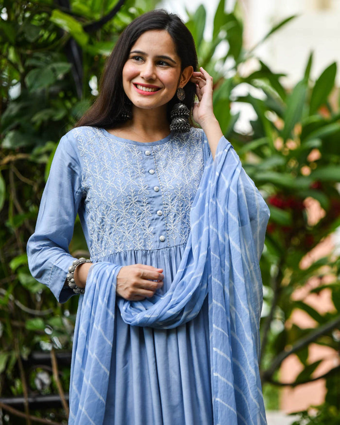 BLUE MUSLIN SUIT SET WITH EMBROIDERY